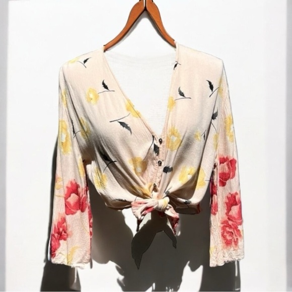 🌻BILLABONG Desert Sunrise Peach Floral Print Button-Up Tie-Front Top Size Small - Picture 4 of 11